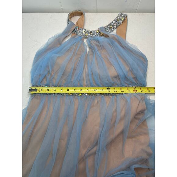 City Triangles Nude and sky blue jeweled halter top maxi Prom Dress. Size 17 - Picture 11 of 11
